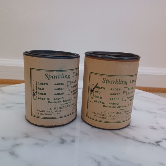 Vintage Tins of Sparkling Tinsel set of 2 vintage tinsel gold & red/pink glitter - Picture 10 of 10